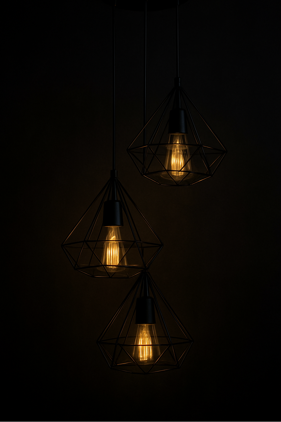 Three geometric wireframe lampshades