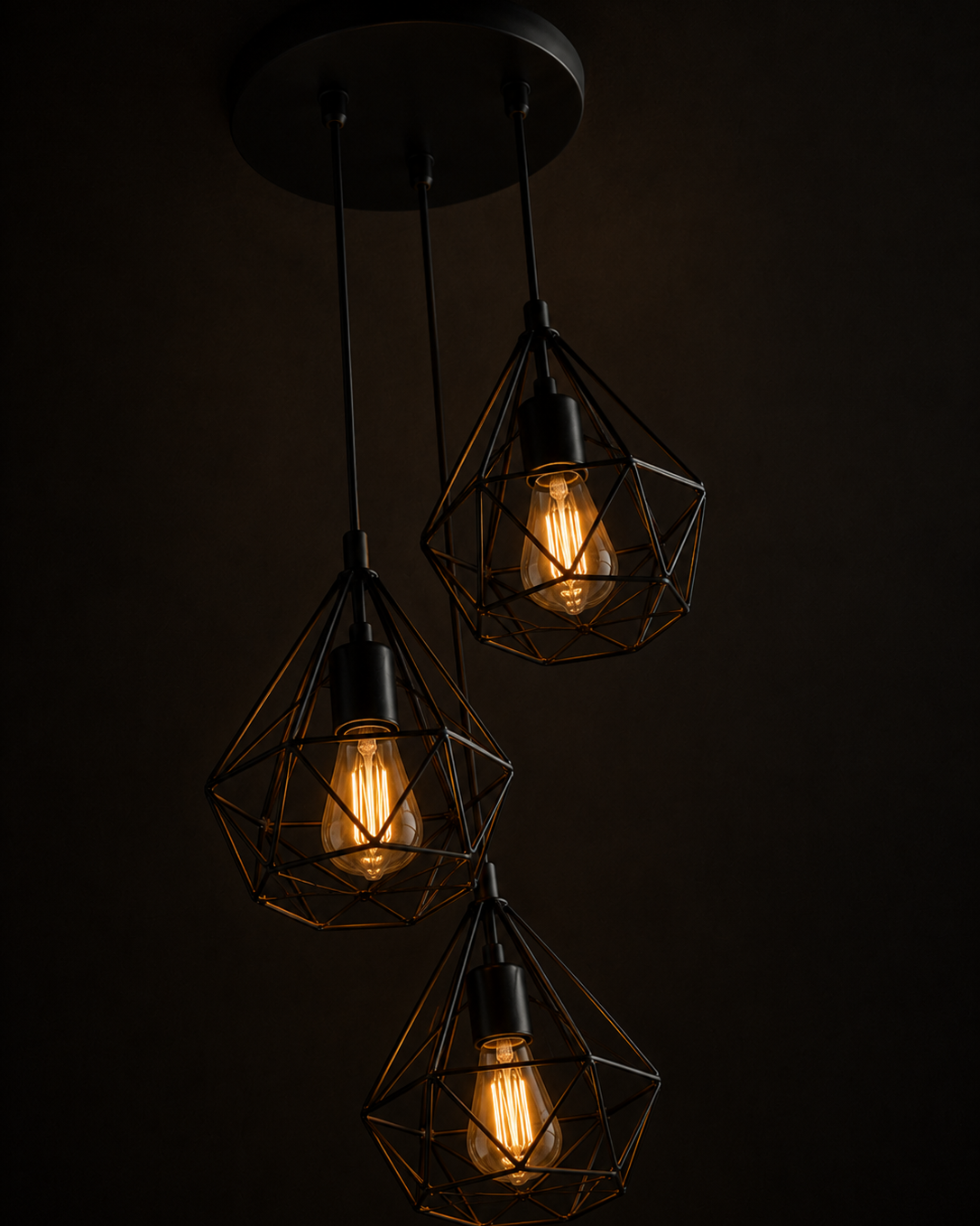 Three geometric wireframe lampshades